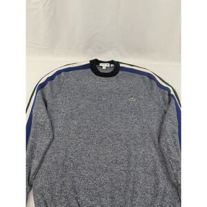 Lacoste Mens Sweater Gray Pure New Wool Crew Neck Blue Black Stripe Hem Size XL